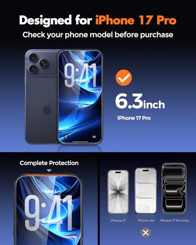 UNBREAKcable 2-Pack Screen Protector for iPhone 17 Pro, Military-Grade Shatterproof Tempered Glass [9H+ Hardness] [Easy Installation Frame] [99.99% HD Clear] for Apple iPhone 17 Pro