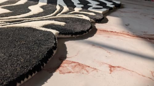 Image of Irregular Shape Hand Tufted Area Rug, Handmade Wool Rug with Modern Botanical Floral Leaf Design, Decorative Carpet for Living Room & Bedroom Size 3x5 feet (90x150cm), Color - Black /White