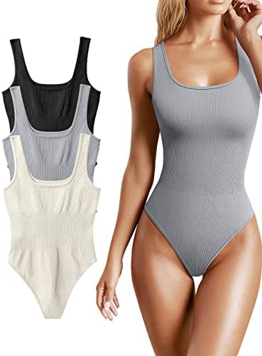 3 Piece Women Ribbed Sexy Bodysuit Sleeveless Square Neck Padded Tank Top Thong Shapewear Bodysuits Stylish Body suit Women