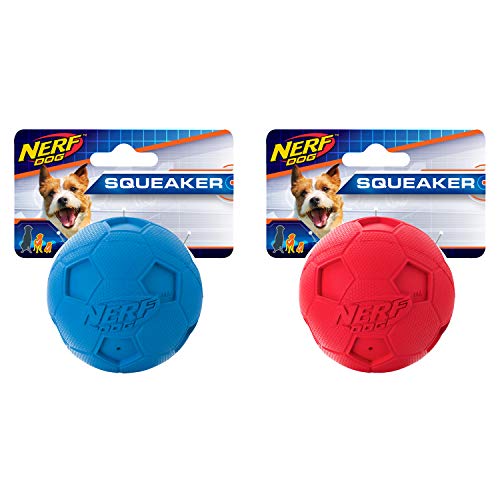 Nerf Dog Soccer Ball Dog Toy with Interactive Squeaker, Lightweight, Durable and Water Resistant, 2.5 Inches, For Small/Medium/Large Breeds, Two Pack, Blue and Red