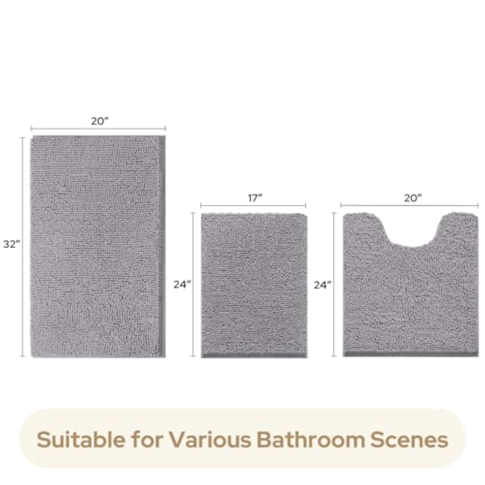 3 Pieces Luxury Soft Chenille Bath Mats Set, Absorbent