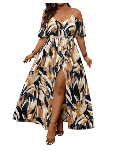 Image of Floerns Women's Plus Size Cold Shoulder Short Sleeve Split Thigh Long Dress