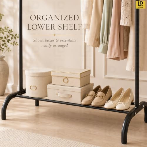 Image of LEOPAX Metal Clothes Rack for Hanging Clothes, Garment Rack with Bottom Shelf, Freestanding Portable Wardrobe Organizer for Bedroom, Laundry Room, Entryway, Clothes, Coats, Shoes & Bags, Black