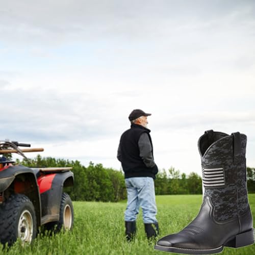 Image of YXCFEWD Square Toe Cowboy Boots for Men Slip Resistant Work Boots Chunky Heel Fashionable Retro Men's Western Boot