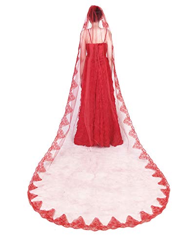 Aimeely Women Vintage 3M Red Lace Appliques Long Wedding Bridal Veil Hair Accessories 2#