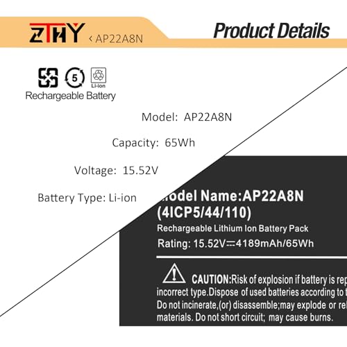 Image of AP22A8N Laptop Battery Replacement for Acer Swift Go SFG14-71 SFG14-71T SFG14-72 SFG16-71, TravelMate P2 TMP214-55 TMP214-55-TCO TMP216-51-TCO, P4 TMP414-53 TMP416-52, P6 TMP614-53-TCO AP22ABN 65Wh