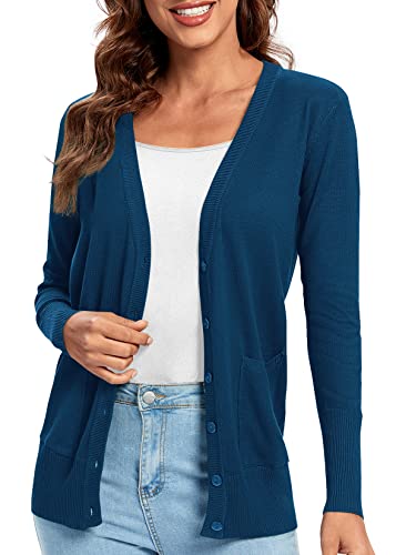 Urban Coco Women's Button Down Lightweight Knit Cardigan Sweater With Pockets (Indigo Blue, Xxl) #TOP4