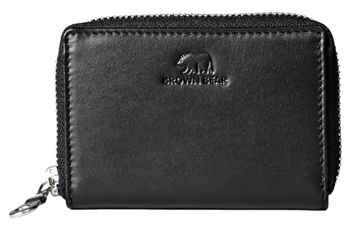 BROWN BEAR Reißverschluss Slim Wallet Geldbörse klein Leder mit Münzfach & RFID-Schutz | Echtleder Schwarz | Portemonnaie für Herren & Damen | Mini Geldbeutel BB Kai