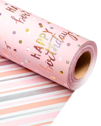 MAYPLUSS Birthday Wrapping Paper Roll Pink Metallic Holographic Happy Birthday Wrapping Paper Featuring Revesible Stripe Gift Wrap Paper for Girls Boys Kids Men 17 Inches x 33 Feet
