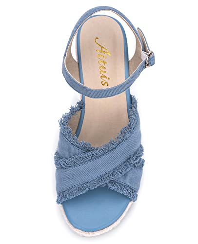 Aituis Espadrille Wedge Heel Sandals For Women Denim Open Round Toe Ankle Buckle Strap Dressy High Heeled Casual Summer Shoes For Ladies Girls Shopping Dating Travel Beach Vacation #TOP1