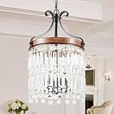 YongMing CL D13 Small Modern Round Crystal Chandelier, 3 Light Farmhouse Ceiling Pendant Light Fixtures with Faux Wood Finish,Height Adjustable Chandeliers for Entryway Foyer Hallway Dining Room