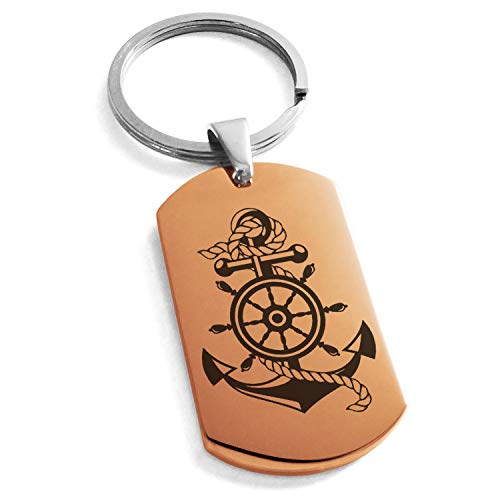 Stainless Steel Nautical Ship Helm & Anchor Dog Tag Keychain Keyring