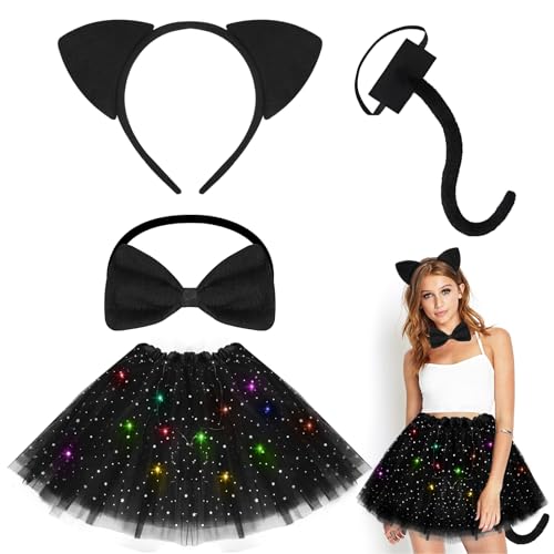 EKKONG Disfraz de Gato Mujer, 4 Piezas Disfraz Gato Adulto Negro, Orejas de Gato, Cola de Gato, Falda Tutu, Accesorios para Cosplay Halloween Carnaval