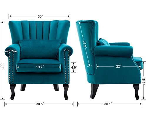 Zetzu Mid Century Modern Accent Chair Upholstered Armchair Comfy Velvet Fabric Single Sofa With Lined Wingback For Small Spaces Bedroom Living Room, Velvet Teal, 30.1D X 30.5W X 35H In #TOP6