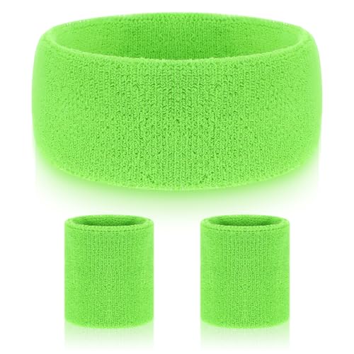 DOPENSPI 80s Neon Sweatband Set, Sports Headband and Wristband Polyester Fiber Sweatbands Moisture Wicking Sweat Bands Terry Cloth Accessories for Men Women Party Sports