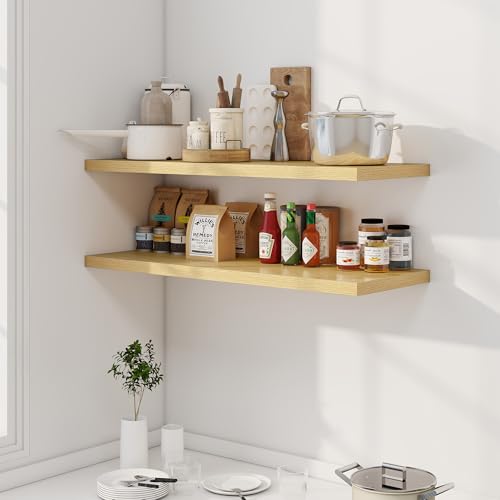 Image of Dreamland 40 inch Floating Shelves for Wall, 12 inch Deep Slim Oak Floating Shelves, Wall-Mounted Shelves for Bedroom, Living Room, Kitchen, Bathroom - Set of 2