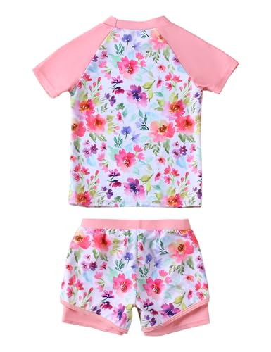 Girls Rash Guard Swimsuit Set 2 Piece Short Sleeve Bathing Suit Beach Swimwear UPF 50+ Sun Proction 3-12 Years2