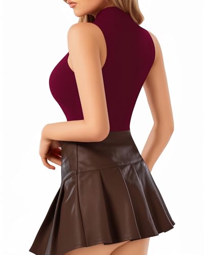 Image of MANGOPOP Women's Mock Turtle Neck Sleeveless Tank Tops /Long Sleeve Bodysuit Jumpsuit (A1 Burgundy (Modal), X-Large)