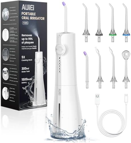 Munddusche Kabellos, AUIEI Elektrische Zahnreiniger Tragbar Waterflosser 5 Modi & 8 Düsen, 300ML Zahndusche Oral Munddusche Testsieger für Mundpflege & Reinigung Reisen nach Hause (Weiß)