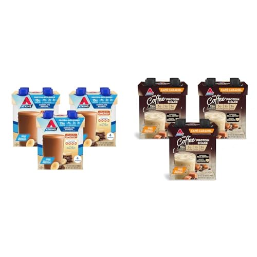 Atkins Chocolate Banana Protein Shake, 15g Protein & CafÃ© Caramel Iced Coffee Protein Shake, 15g Protein, Low Glycemic, 3g Net Carb, 1g Sugar, Keto Friendly