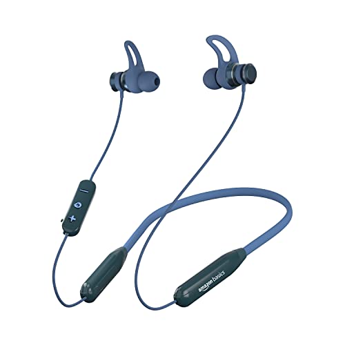 Amazon Basics Bluetooth 5.0 Neckband, IPX-6 Rated, Up to 42 Hours Playtime, Magnetic in Ear Earbuds, Voice Assistant, Dual Pairing, Blue