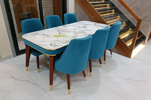 Image of WOODEN SPACE 6-Seater Wooden Dining Table Set | Nano Composite Marble Top | Solid Wood Base | Modern Dining Room Furniture with 6 Chairs (Blue)