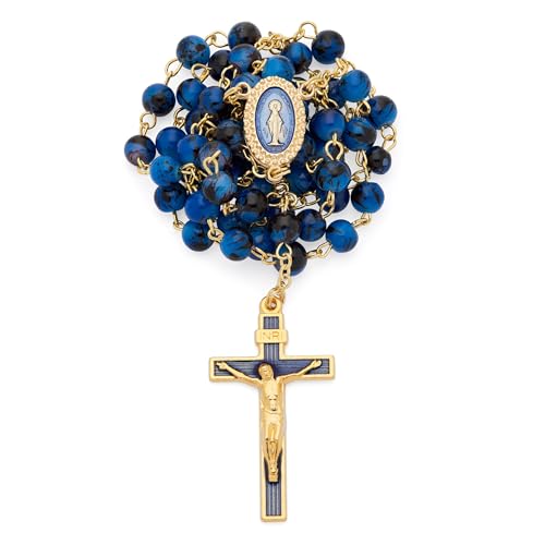 Mondo Cattolico Rosary Beads catholic for Women and Men from Vatican, Miraculous Virgin Rosary with Variegated Glass on a Gold Plated Brass Chain - Perfect Catholic gifts (Midnight blue)