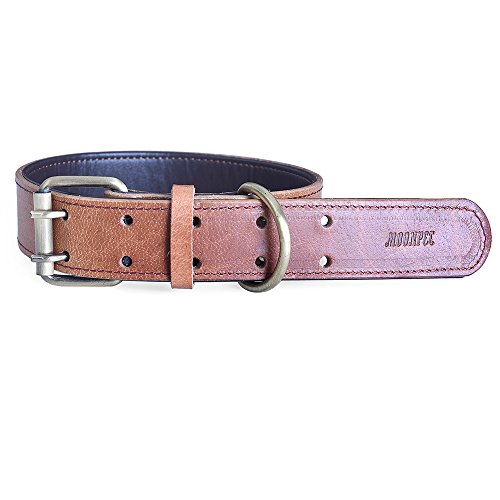 Moonpet Soft Padded Real Genuine Leather Dog Collar-Best Full Grain Heavy Duty Dog Collar-Durable Strong Adjustable For Small Medium Large X-Large Male Female Dogs Training-Light Brown 17.2-22'' #TOP2