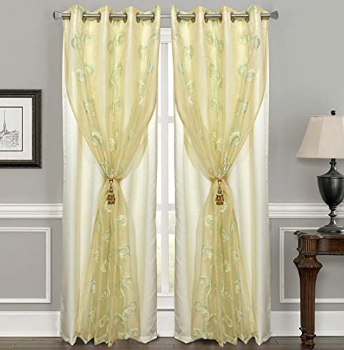 Image of Polyester Embroidered Window Curtain, Set of 2 (5 Feet, Green Carey + Ivory Blackout)