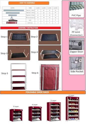 Image of EASY BUY 4 Shelves Shoe Rack Plastic Grey with Zip Door Cover & Side Pockets, Multiuse Storage Rack for Footwear, Toys, Clothes with Dustproof Cover 4 Shelves