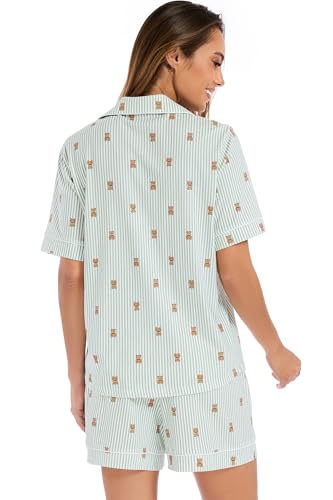 Image of LUBOT 100% Cotton Pajamas for Women 2 Piece PJ Set Button-Down Soft Knit Short Sleeve Summer Sleepwear Loungewear XS-XXL