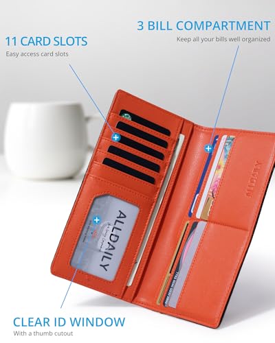 Image of Alldaily Bifold Slim Long Wallet for Men RFID-Blocking Thin Card Holder with ID Window, Faux Leather (Black&Orange)