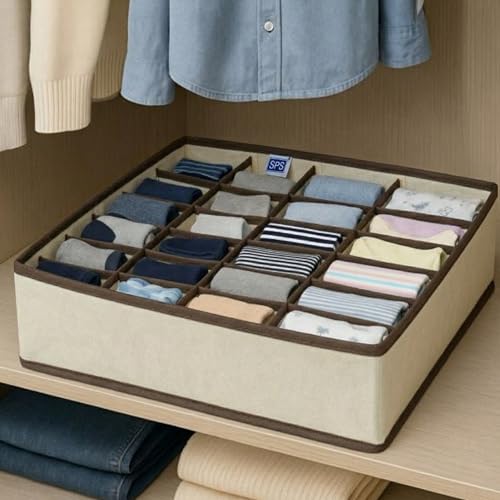 Image of Skrill 24-Compartment - Set of 2 | Non-Woven Foldable Cloth Storage Box Set Underwear, Socks, Ties, Scarves, Bras, Drawer Organization | Space Saving Divider Organizer Closet Storage | Beige
