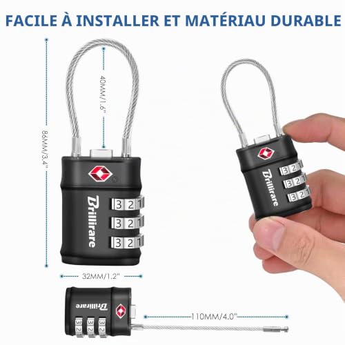 Brillirare Lot De 2 Cadenas Approuvé par la TSA, Serrure à Combinaison à Long Câble de Voyage, Résistant Aux Intempéries Valise Avion Serrures à Bagages à 3 Chiffres pour Extérieur Camping Casier-Noir – vue 2