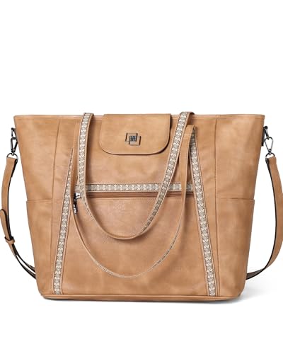 FADEON Large Laptop Tote Bag for Women Designer Leather Laptop