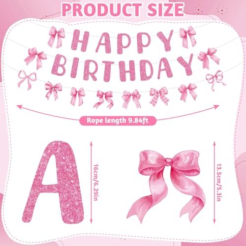 Image of Pink Bow Birthday Decorations, Banner And Hanging Swirls, 45 Pcs | Pink Bow Theme, Pre-Assembled Banner, Sturdy Cardstock, Reusable, For Girls And Women Birthday Parties