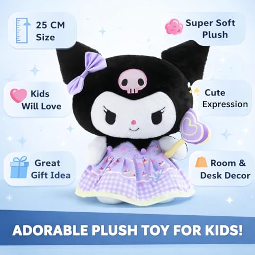 Image of Tickles Cute Anime Doll with Candy Soft Stuffed Plush Cartoon Character Toy for Kids Boys & Girls Birthday Gift (Color: Purple & Black Size: 25 cm)
