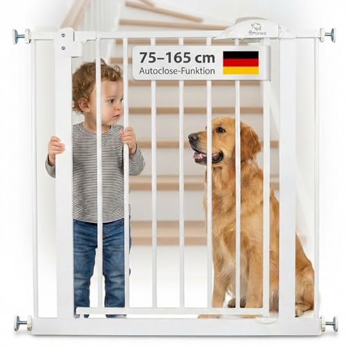 BRONEA Cleo Treppenschutzgitter ohne Bohren | Kinderschutzgitter Tür & Treppe 145-152 cm | Auto-Close | 3-Schritt-Sicherung | beidseitig öffnend | verlängerbar bis 165 cm