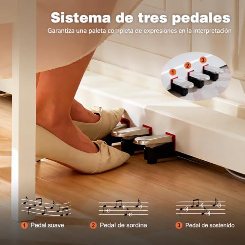 Miniatura 7 de Mustar Piano Digital De 88 Teclas Y Taburete De Piano, 3 Pedales, Blanco
