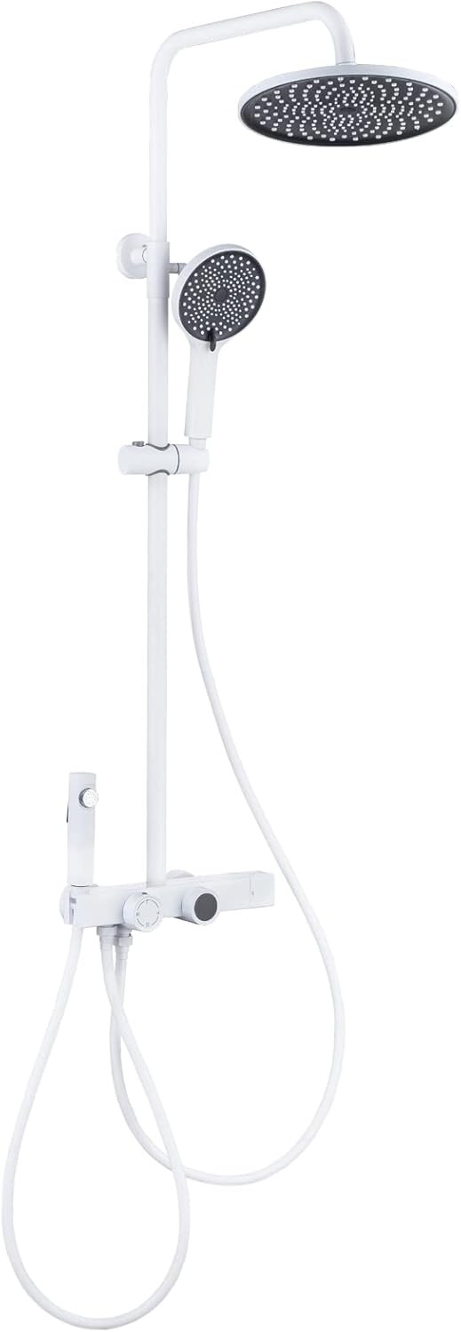 Thermostatic Shower System with Temperature Display, Shower Faucet Set with Tub Spout, Bidet Sprayer, Hand Shower, Wall Mounted Bathtub Shower Faucet,White (White)