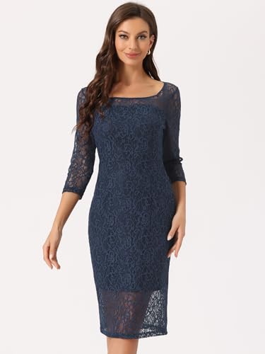 Image of Allegra K Lace Dress for Women's Elegant 3 /4 Sleeve Square Neck Bodycon Cocktail Dresses