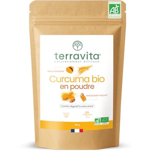 Curcuma BIO Premium en Poudre 250g | Jusqu’à 5% de Curcumine | Articulations, Mobilité, Digestion, Peau | Sans Gingembre, Sans Pipérine Ni Poivre Noir | Pas en Gélules | Terravita