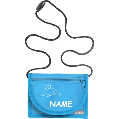 Kiwistar - Brustbeutel hellblau - Hund - 13 x 10 cm Geldbeutel zum umhängen - Geldbörse für Jungen & Mädchen mit Namen individuell personalisiert