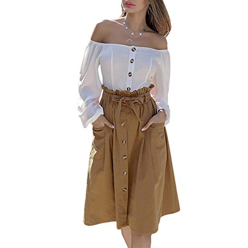 Womens Casual Front Button A-Line Skirts High Waisted Pleated Midi Skirt with Pockets3