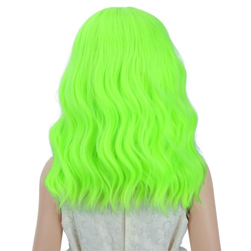 Image of PATTNIUM Neon Green Wig for Kids Girls Short Green Curly Wavy Wigs Side Part Shoulder Length Heat Resistant Synthetic Wig Halloween Cosplay Costume Party Wigs