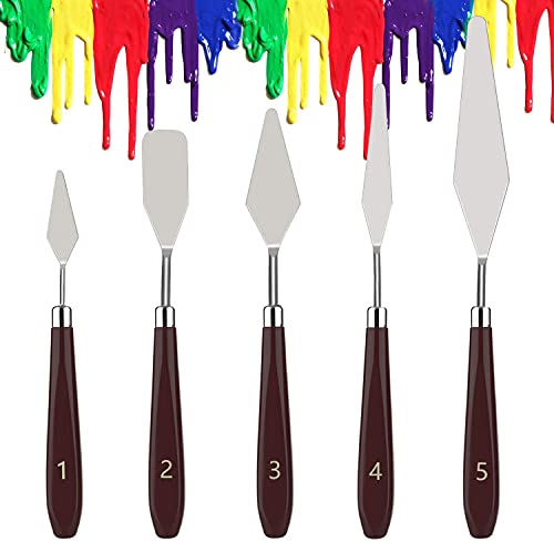4WORDS 5 Pieces Painting Knives Stainless Steel Spatula Palette Knife Oil Accessories Color Mixing Set for Oil, Canvas, Acrylic Paint