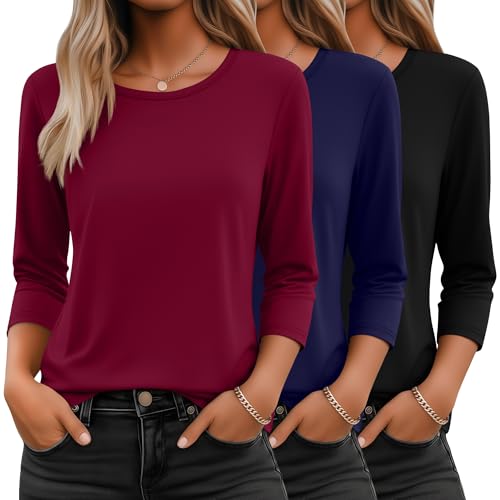 Ficerd 3 Pack 3/4 Sleeve Tops for Women Round Neck Dressy Basics Tees Casual Trendy Loose Fit T Shirts(Black,Navy Blue,Wine Red,Medium)