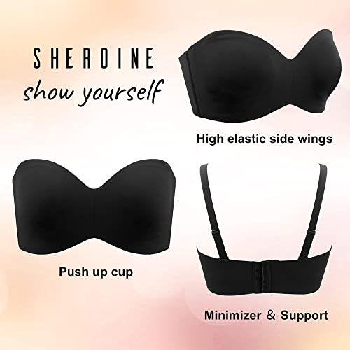 Sheroine Strapless Push Up Plus Size Seamless Bra Underwire Convertible Smoothing Unpadded Support Large Breasts Bras(Black,36Dd) #TOP3
