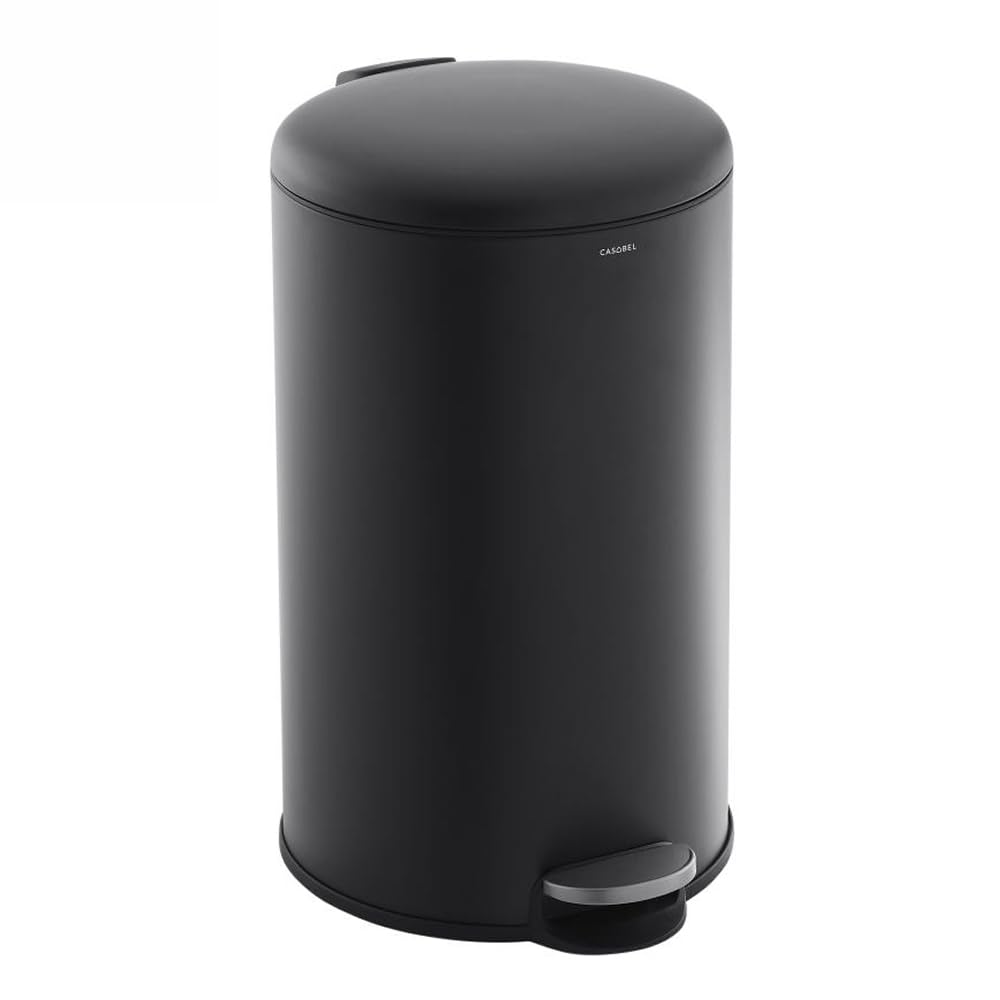 CASABEL runder Küchenabfalleimer 50L, Edelstahl, schwarz | Pedalöffnung, Soft-Close, fingerabdruckresistenter Edelstahl, Beutelhaltering, Tragegriff, pflegeleicht