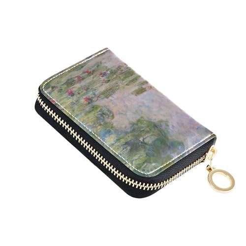 Credit Card Protector RFID Blocking Leather Women's Wallet Small Zipper Travel Wallet with Key Ring Monet Water Lilies Oil Painting